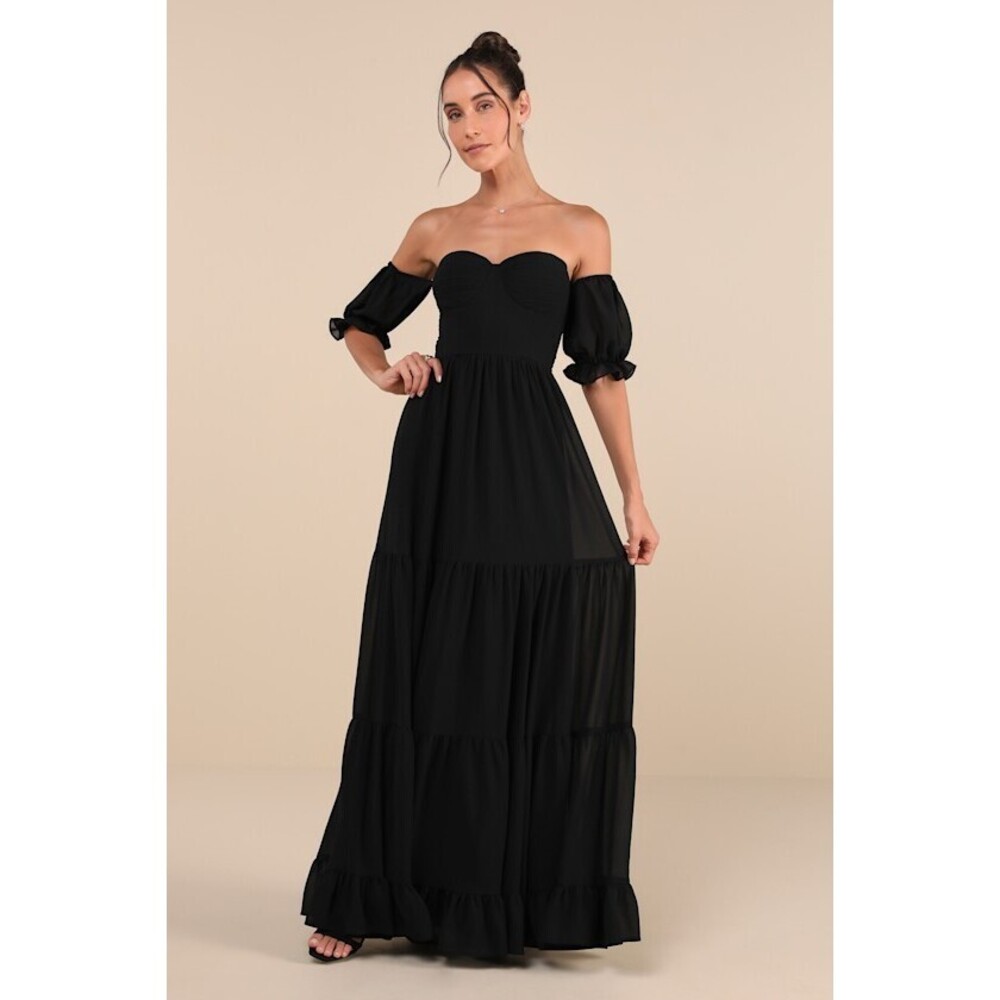 Lulus Exceptionally Gorgeous Black Chiffon Off-the-shoulder Maxi Dress - Size XS
